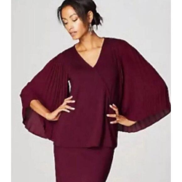J. Jill Wearever Blouse Top XS Burgundy Fan Flare Pleated Sleeves Fall Holiday - Picture 2 of 10
